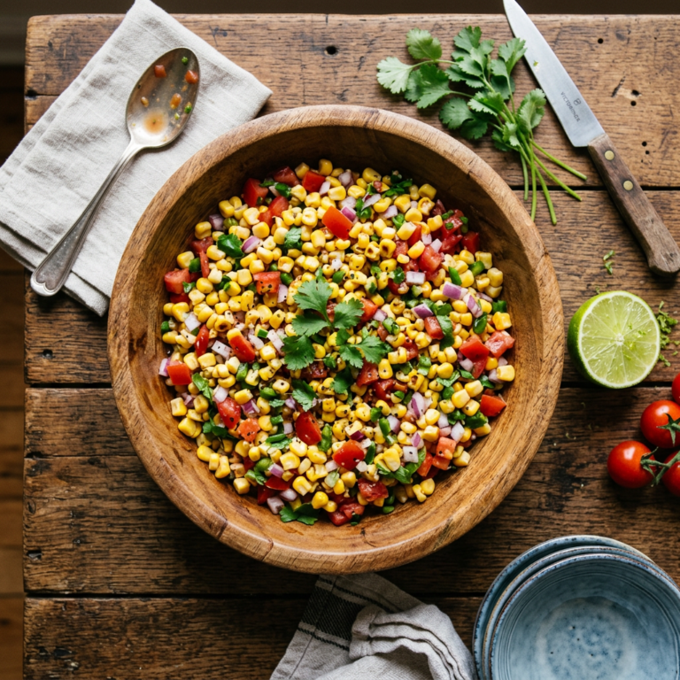 Fresh sweet corn salsa with tomato, red onion, and lime