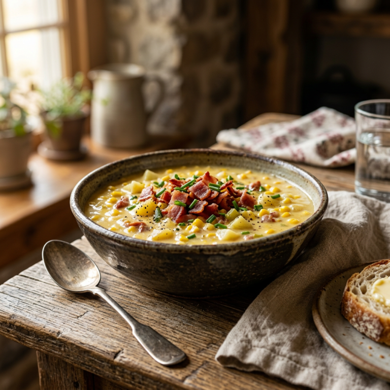 Creamy sweet corn chowder with bacon and chives