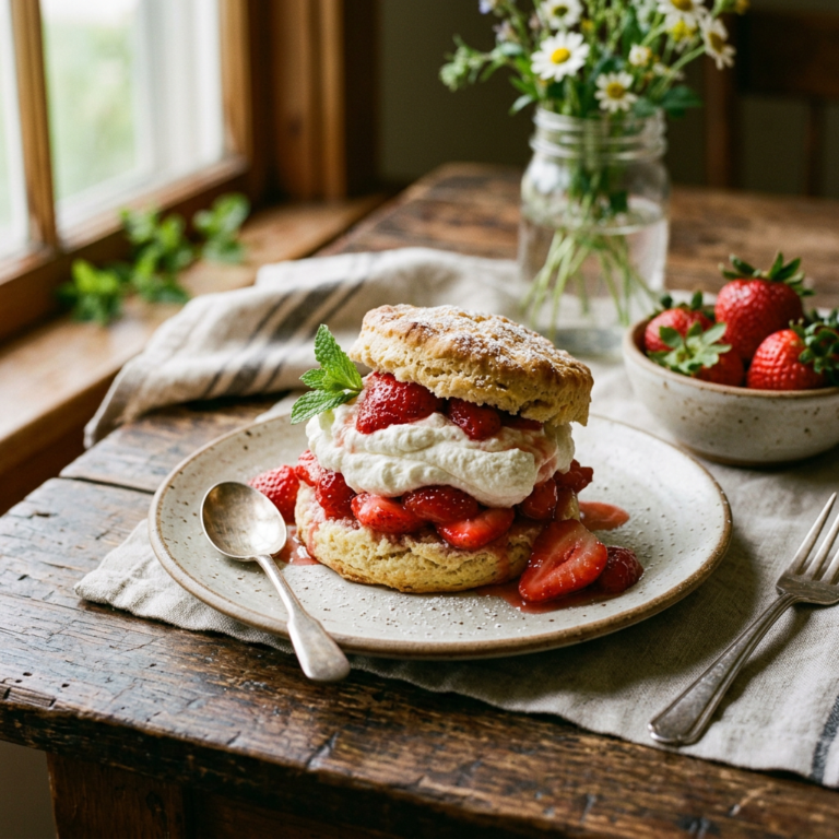 Classic strawberry shortcake with sliced strawberries and whipped cream