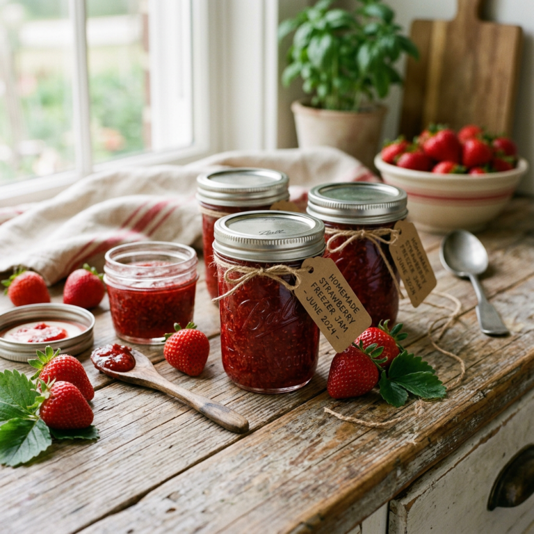 Homemade strawberry freezer jam in small glass jars