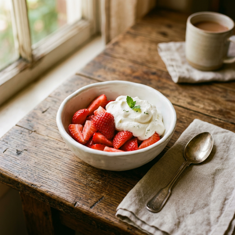 Sliced strawberries with whipped cream in a bowl